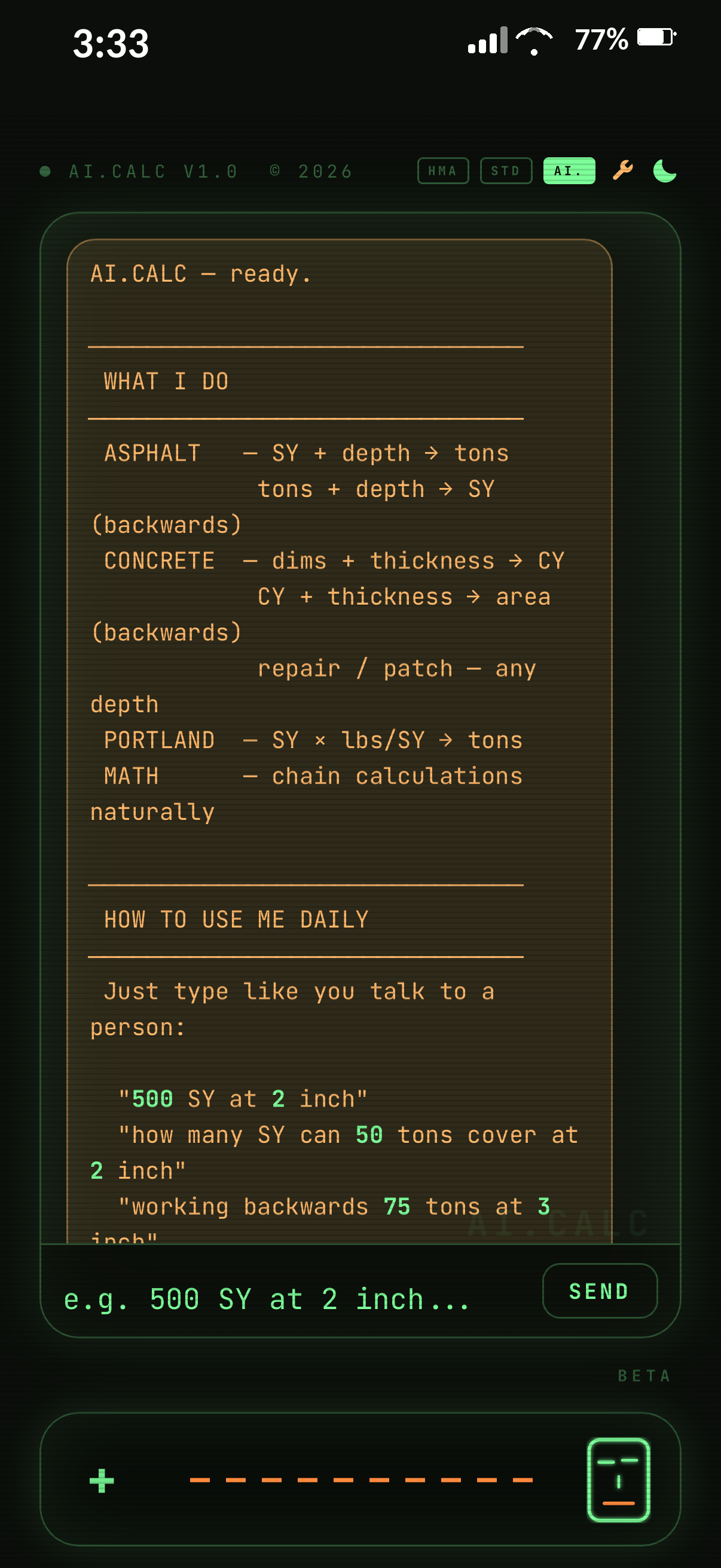 AI Calc screen